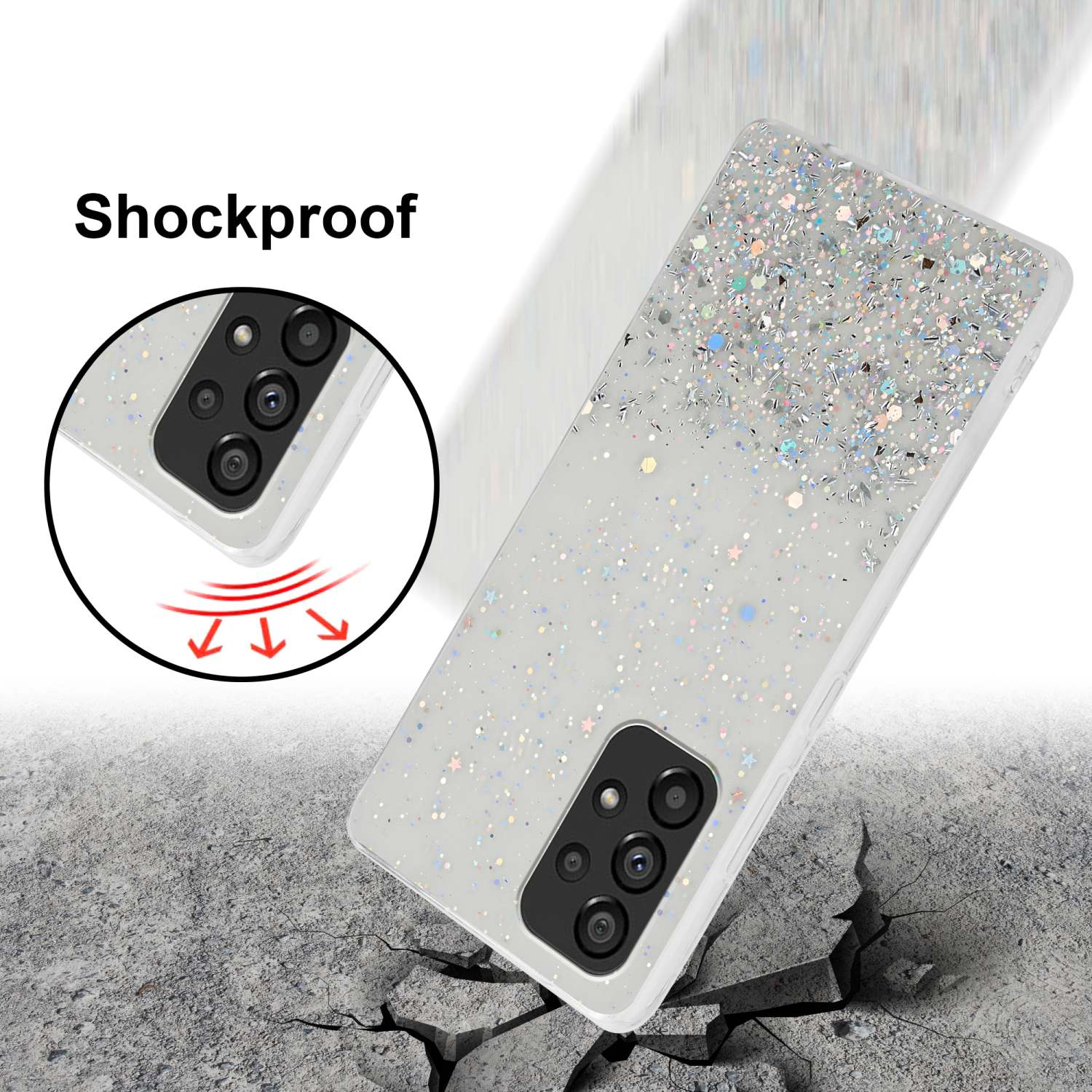Una custodia bianca per telefono con un design glitterato su una superficie di cemento crepata.