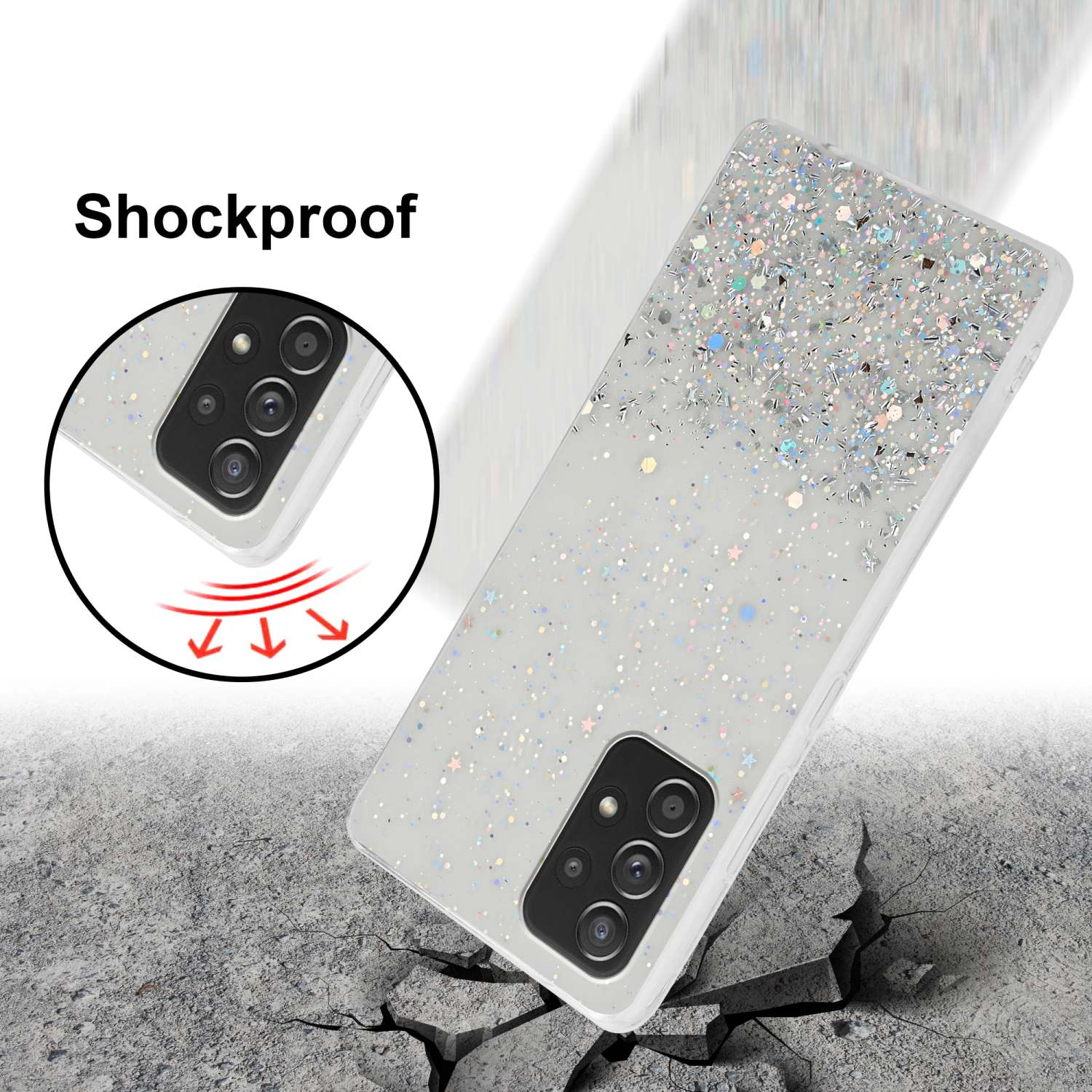 Custodia per telefono antiurto, che cade sul cemento. Custodia trasparente con glitter. Cemento rotto in primo piano.
