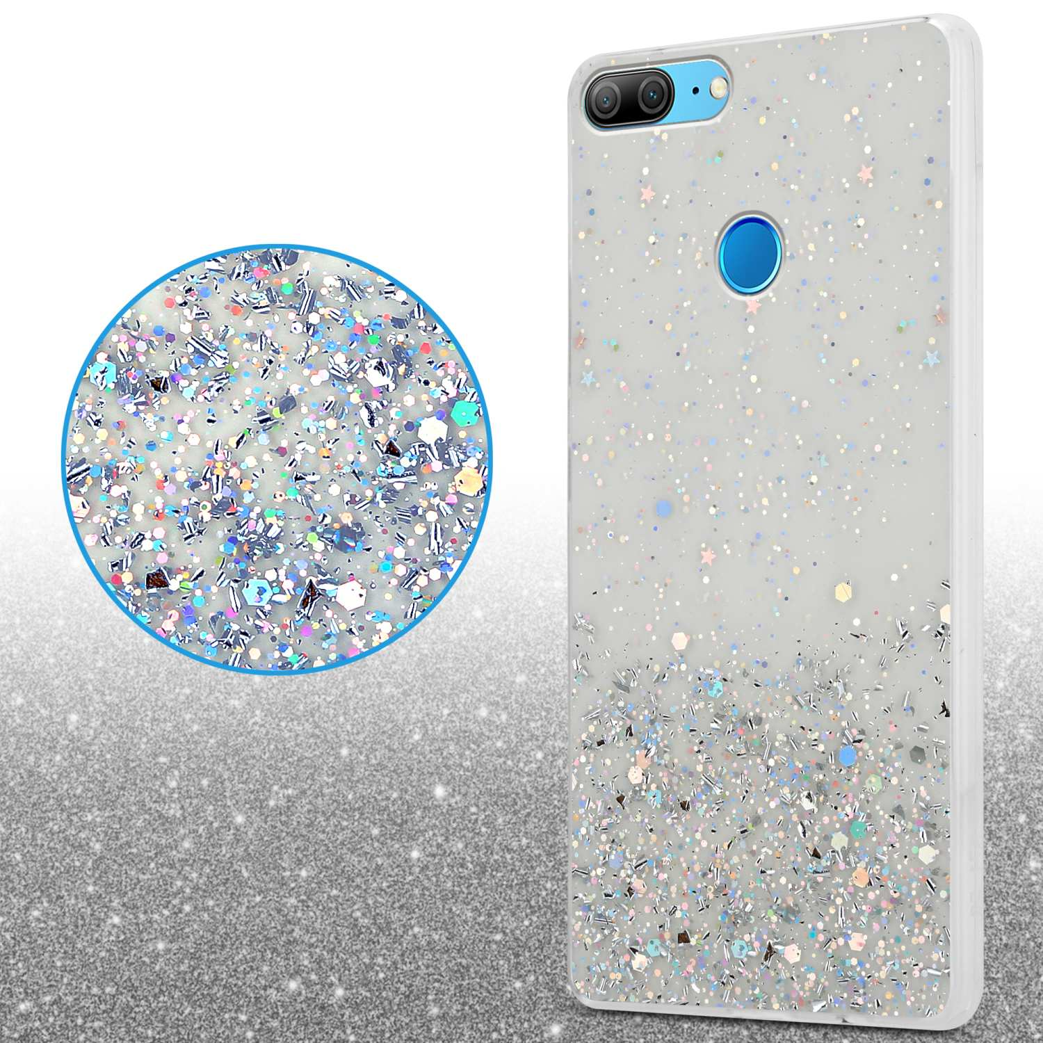 Custodia per telefono con effetto glitter. Dettagli glitter in primo piano.