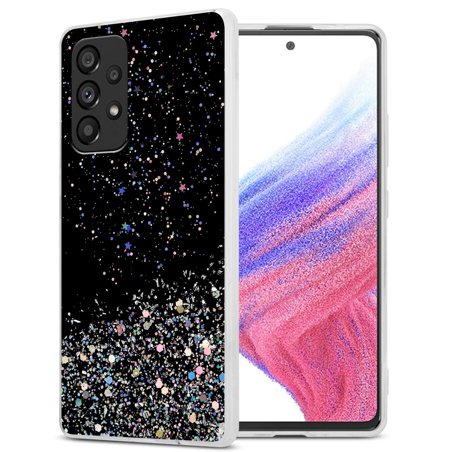 Custodia nera per telefono con telefono. La custodia è nera con glitter e un telefono bianco.