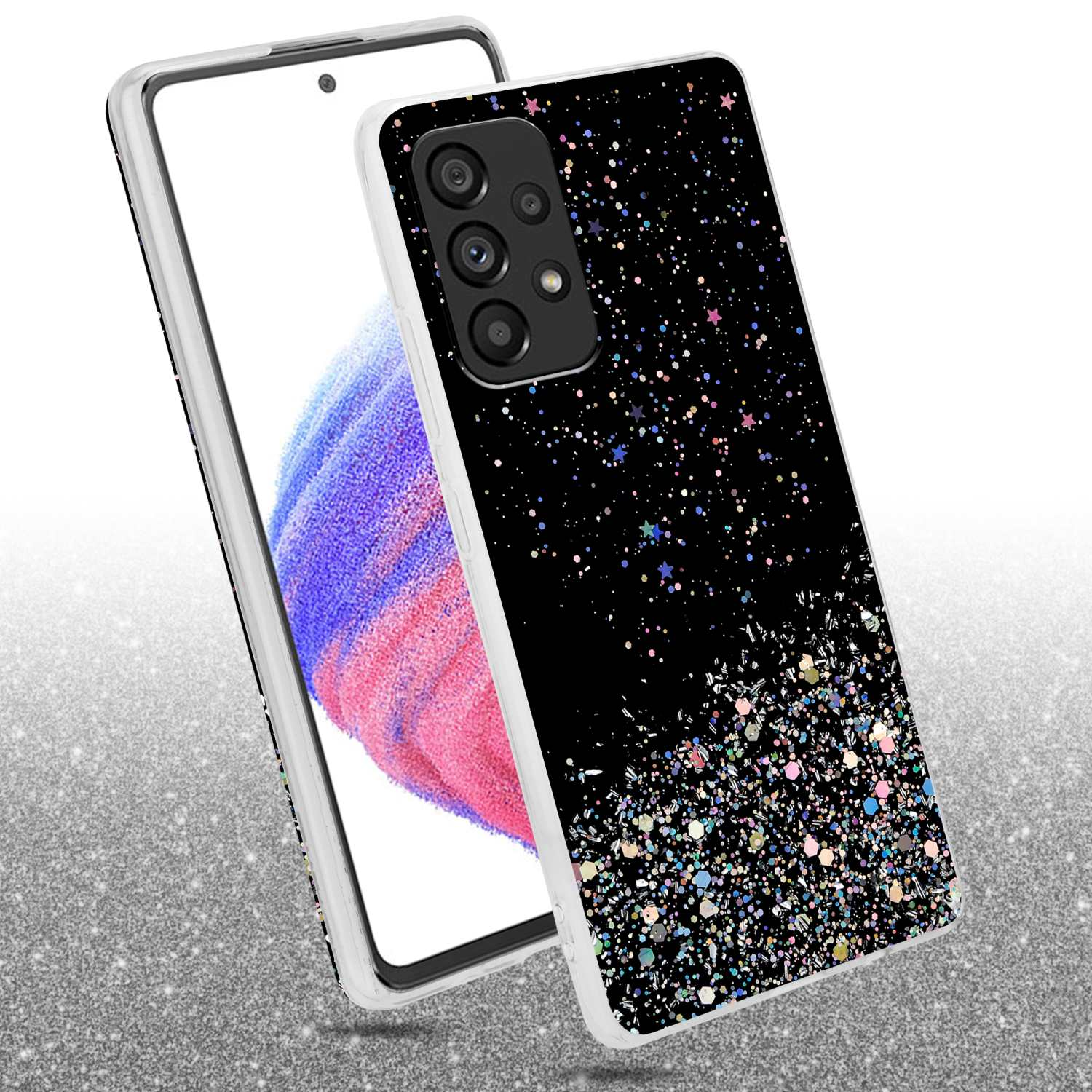 Una custodia nera per telefono con glitter colorati su un telefono. Su una superficie glitterata.