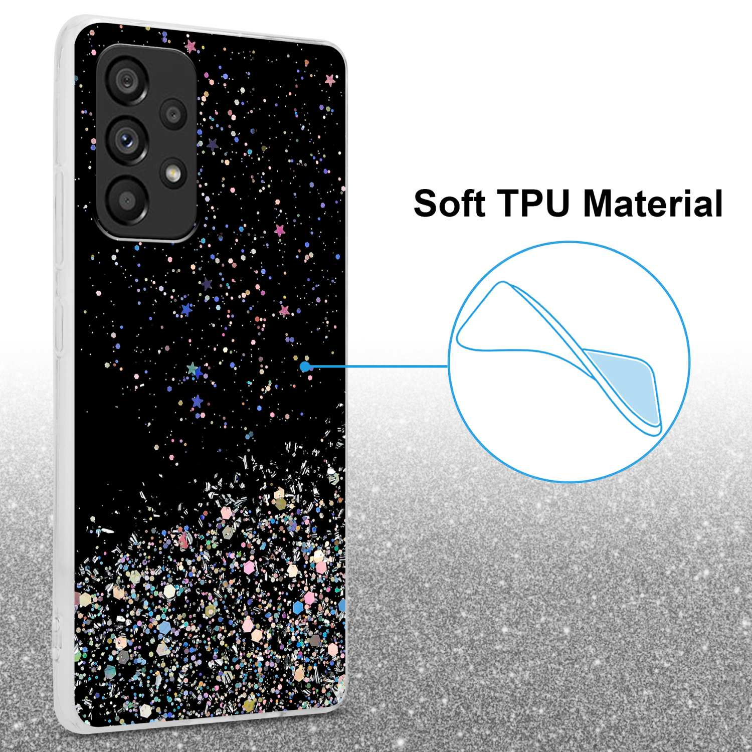 Custodia nera per telefono con motivo glitterato. Un telefono nero con fotocamere è a sinistra.