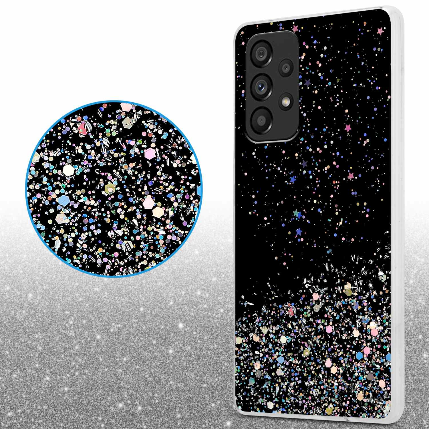 Custodia per telefono con sfondo nero e motivo glitterato colorato, un dettaglio circolare e un telefono.