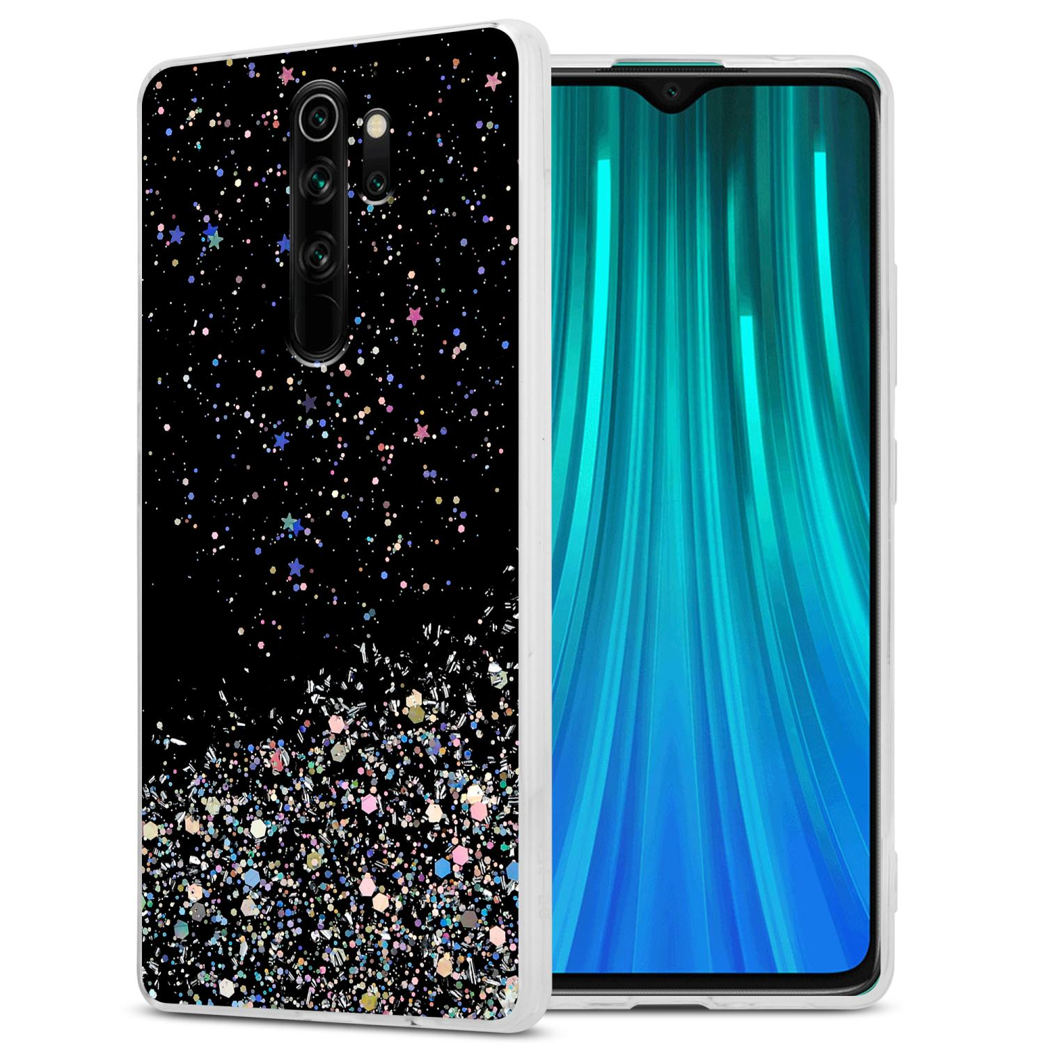 Una custodia per telefono con un design glitterato. Il telefono a destra ha uno schermo con una sfumatura blu.