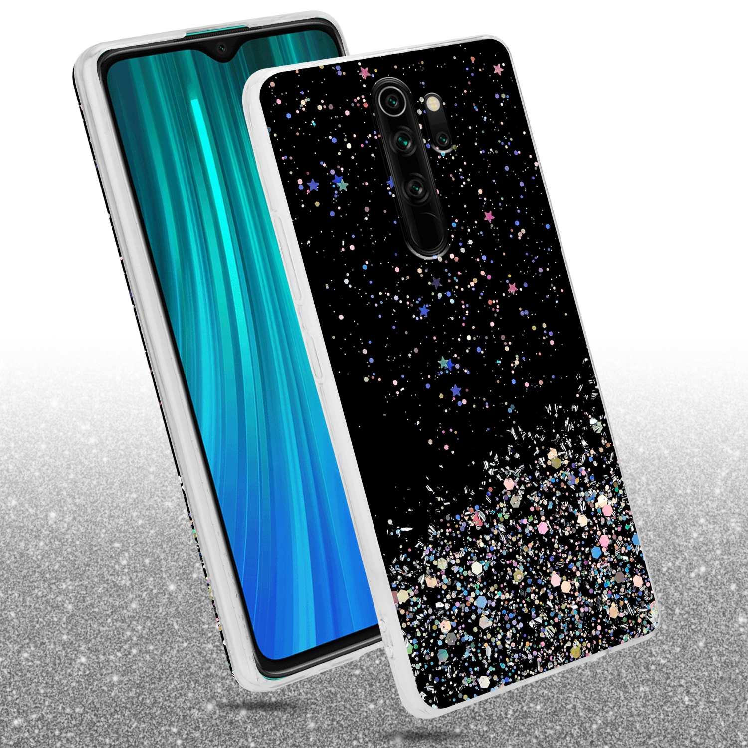 Telefono nella custodia con un design glitterato nero. Custodia per telefono aggiuntiva. Sfondo bianco.