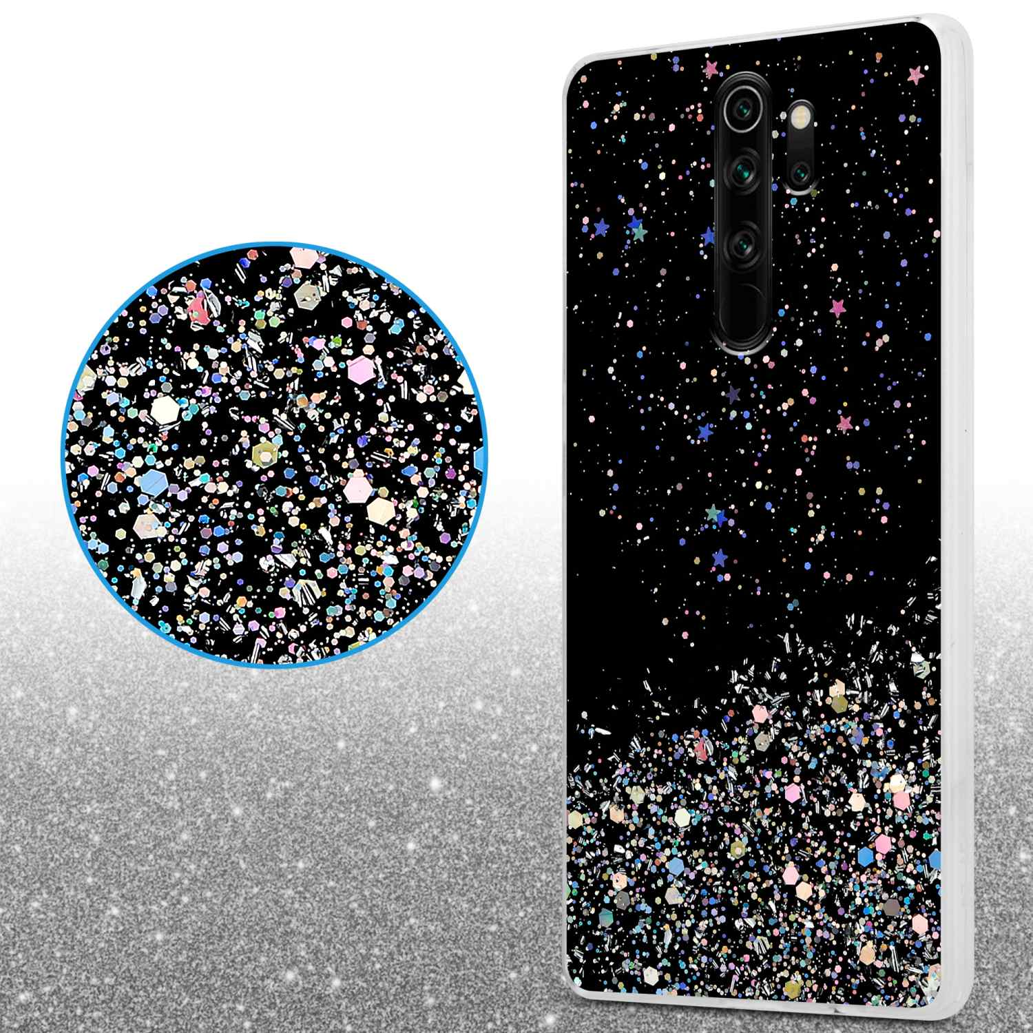 Custodia per telefono con design glitterato nero. Un dettaglio circolare glitterato è evidenziato.
