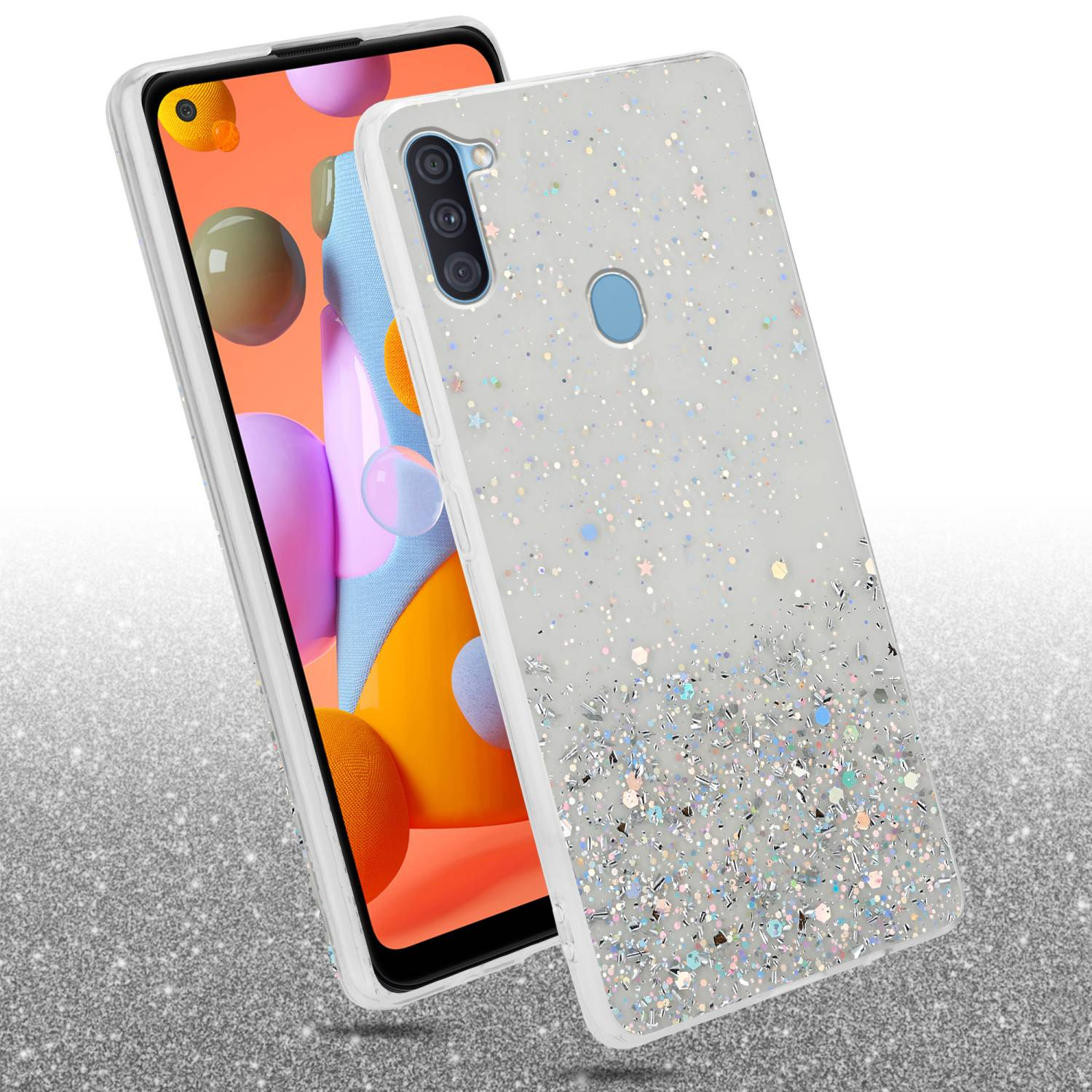 Due custodie per telefono. Una su un telefono, l'altra di lato, ricoperta di glitter.