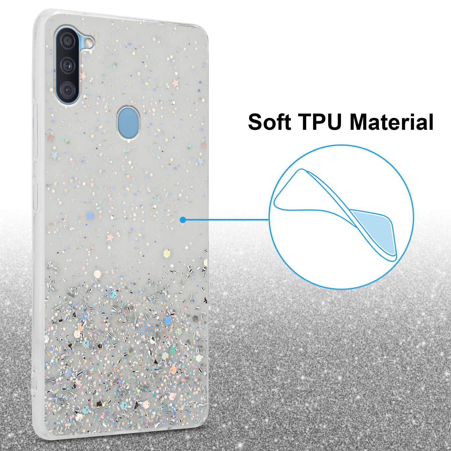 Custodia trasparente con glitter, con fori per telefono e fotocamera. Etichetta 'Soft TPU Material'.