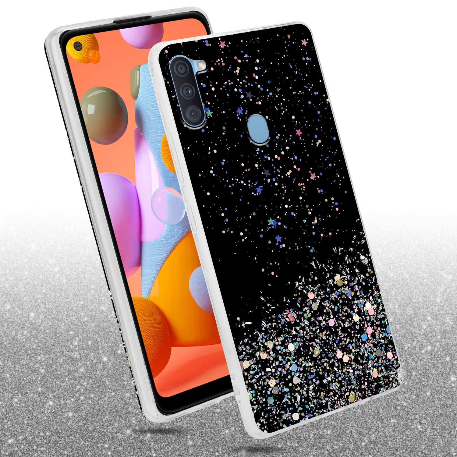 Telefono con custodia nera decorata con glitter colorati. Il telefono mostra una schermata iniziale. Lo sfondo è argento.