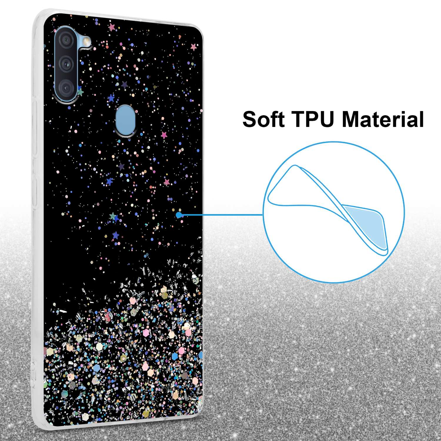 Una custodia per telefono nera con glitter colorati nella metà inferiore e una parte superiore nera con fotocamera del telefono.