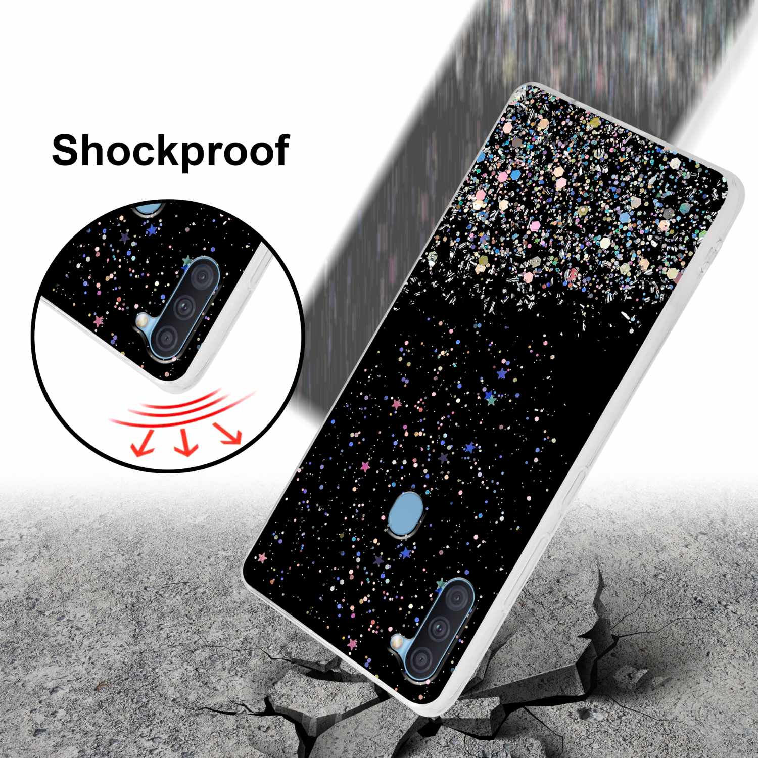 Una custodia per telefono nera con un design scintillante. La custodia è su una superficie di cemento crepato.