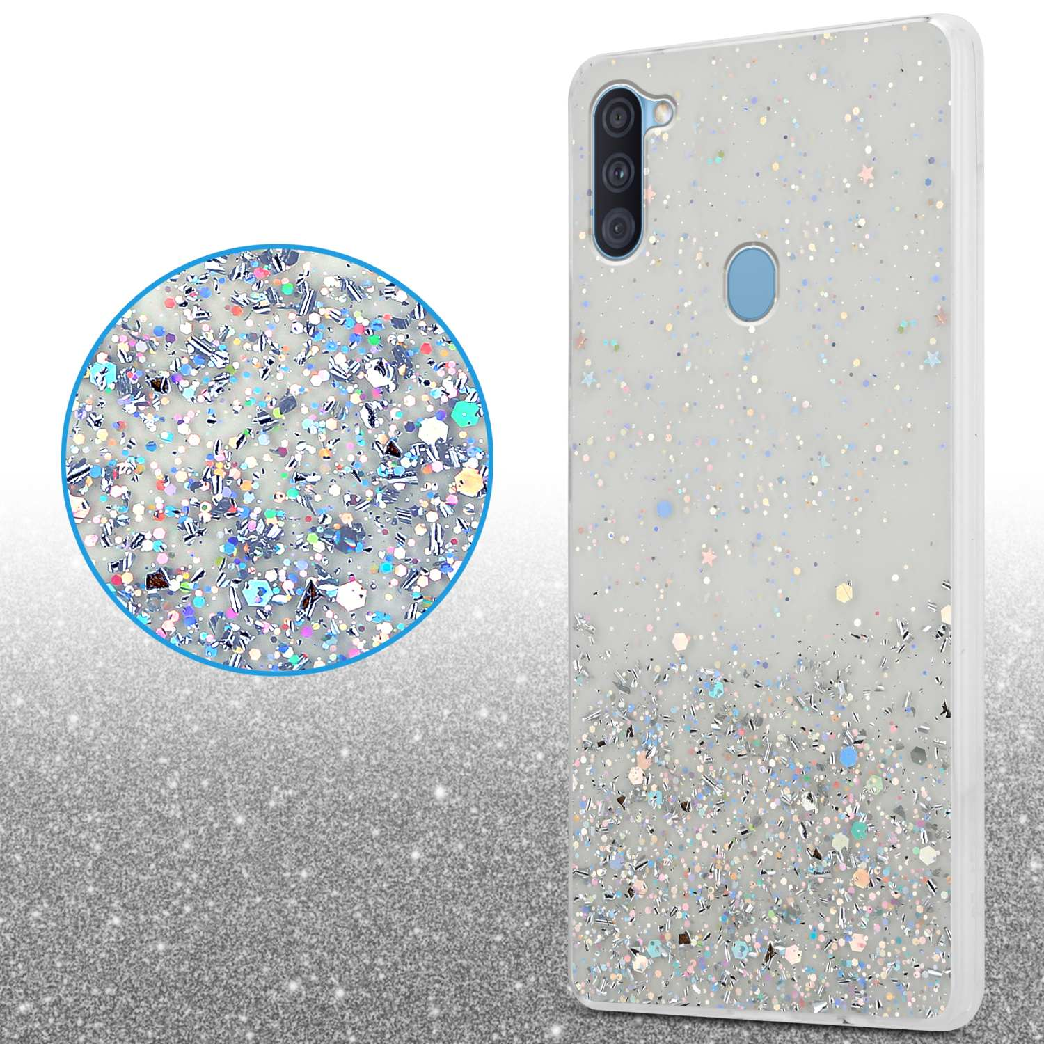 Custodia per telefono con glitter. Un cerchio mostra glitter. Sfondo bianco.