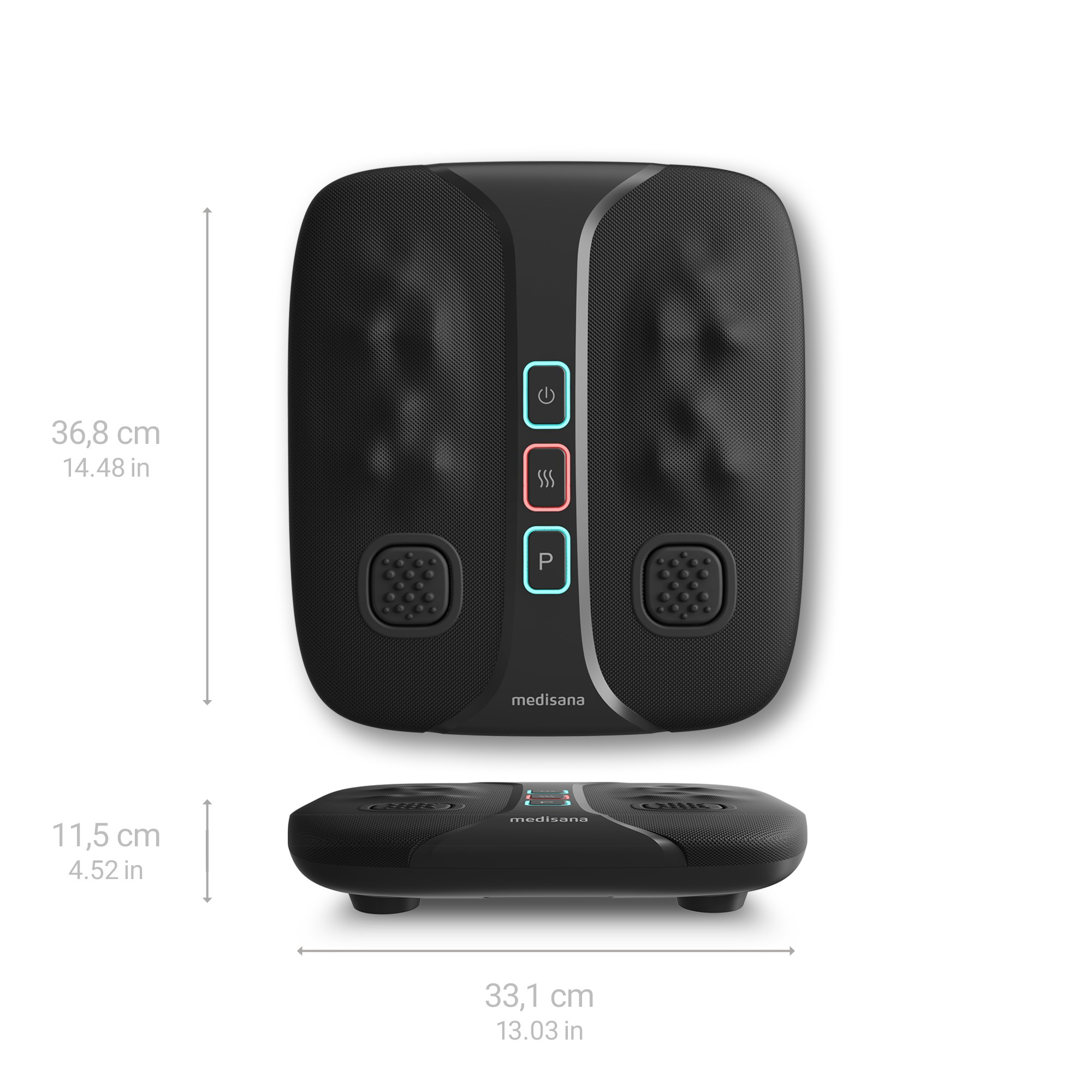 Czarny masażer stóp z przyciskami, wymiary w cm i calach, białe tło.