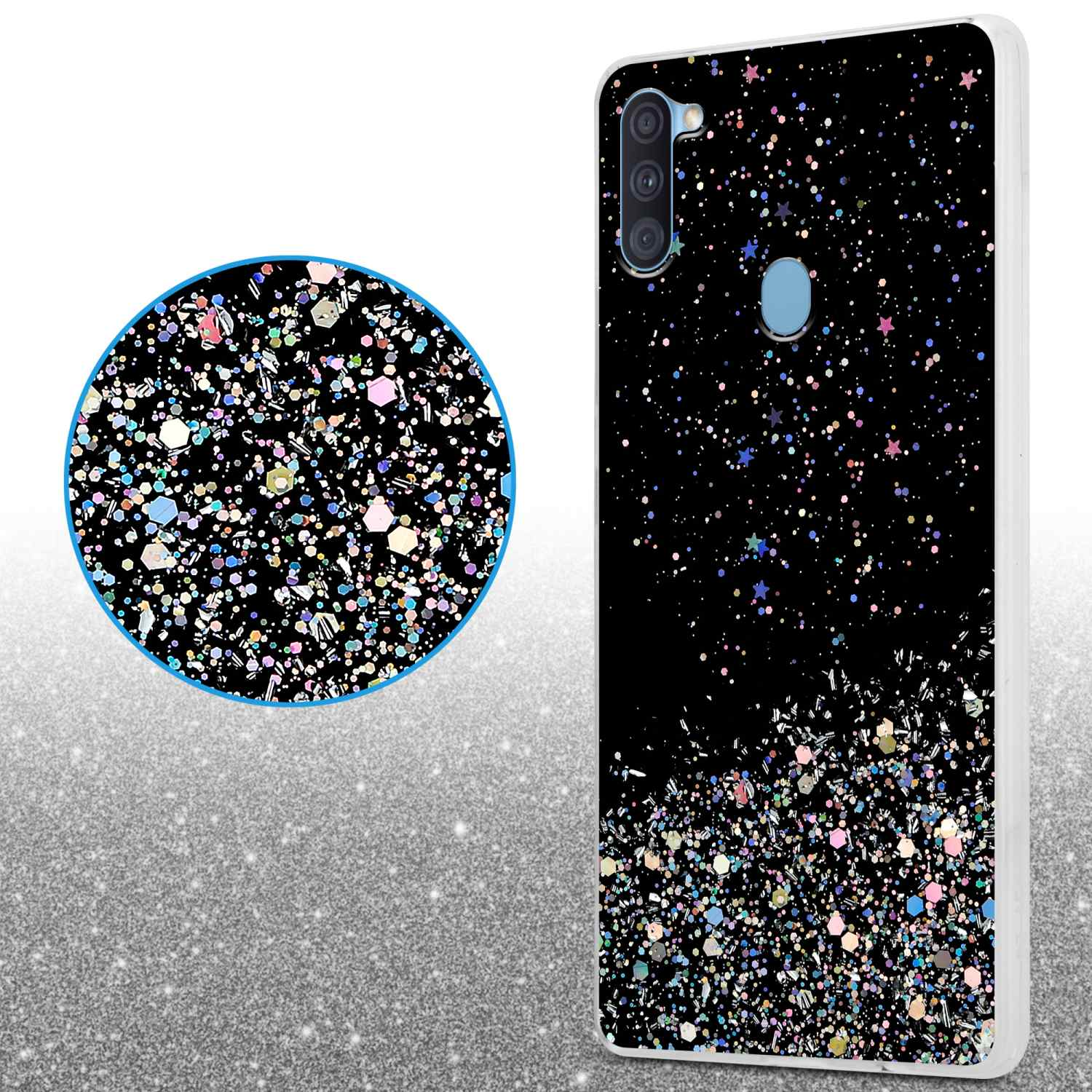Custodia per telefono nera con design glitterato. Cerchio mostra il primo piano.