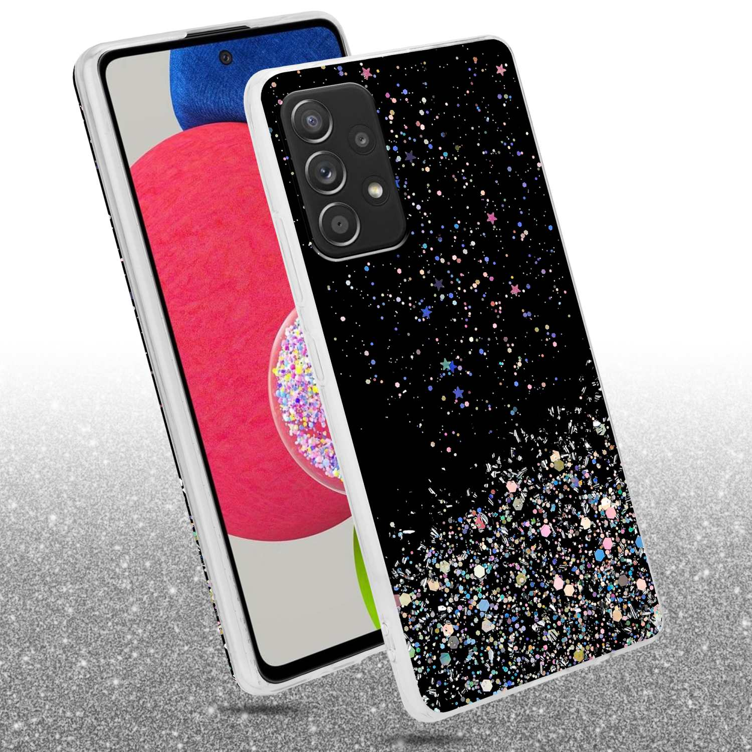 Custodia per telefono nera glitterata su un telefono con sfondo argentato.