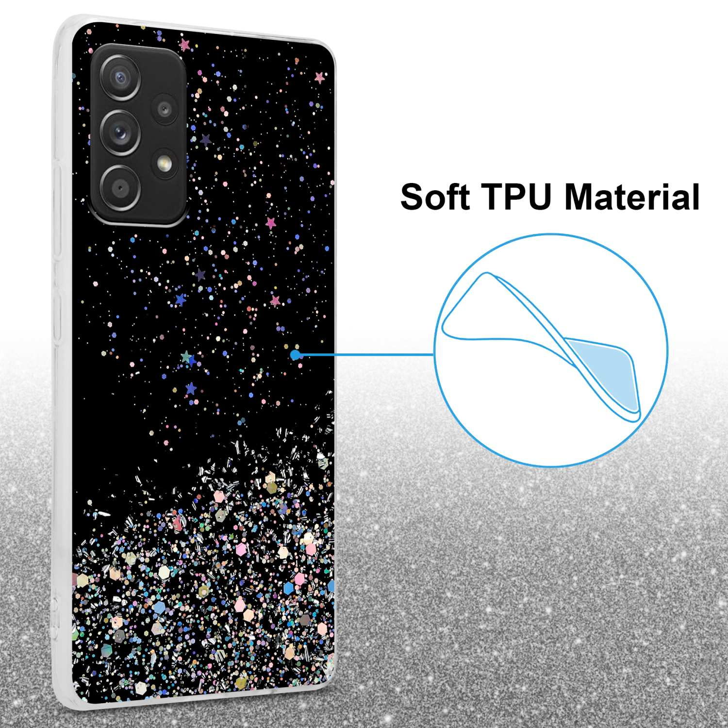 Custodia per telefono nera con design glitterato. Ha uno sfondo nero con un design scintillante.