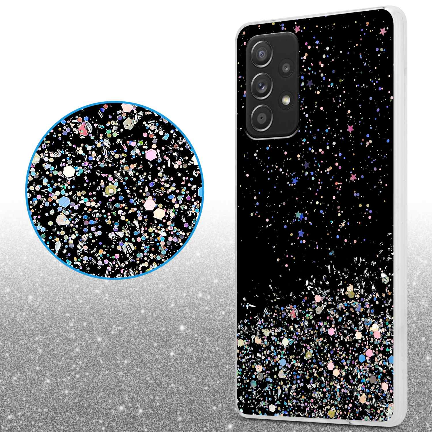 Custodia per telefono nera con glitter. Un cerchio mostra glitter. Sfondo bianco.