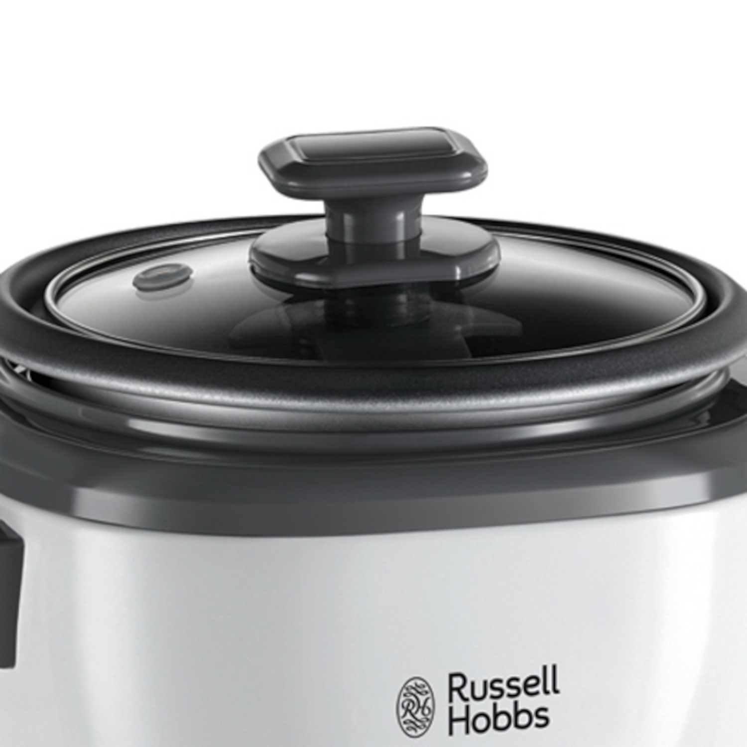 Zbliżenie na biały garnek do ryżu ze szklaną pokrywką i czarnym uchwytem, logo Russell Hobbs.