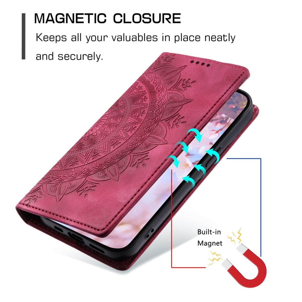 Rote Handyhülle mit Mandala-Design, Magnetverschluss und eingebautem Magneten zum Halten des Telefons.