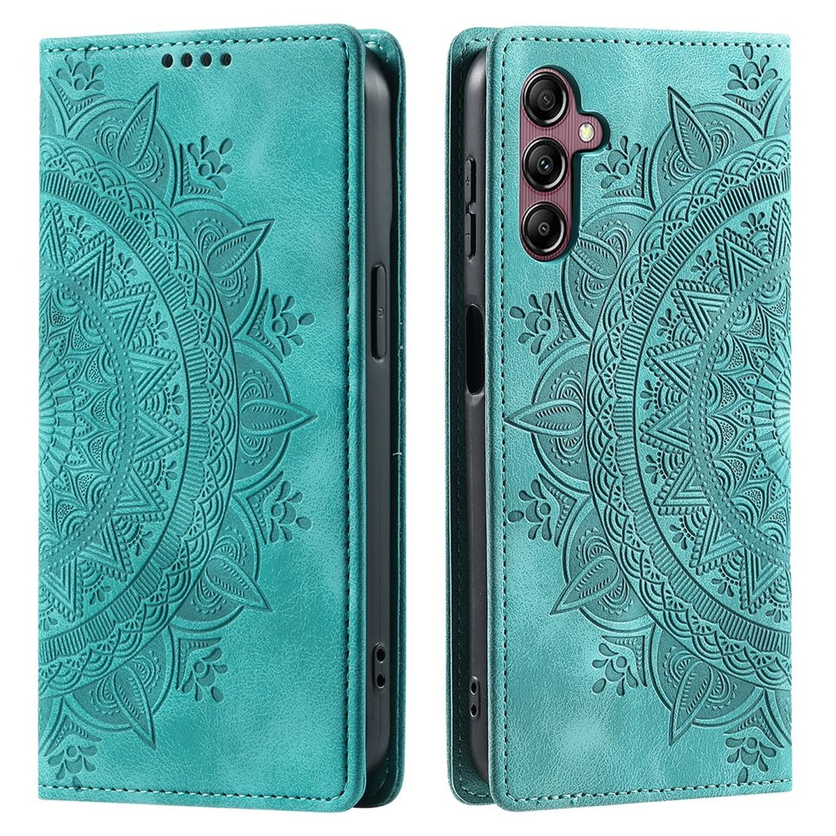 Türkisfarbenes Handycase mit detailliertem, geprägtem Mandala-Design. Das Case ist geschlossen und zeigt das Muster.