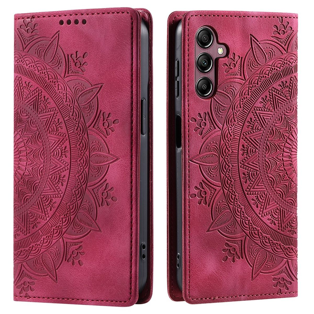 Rote Handyhülle mit aufwendigem Mandala-Design. Gehäuse geöffnet, mit Telefon im Inneren. Detailliertes Blumenmuster.