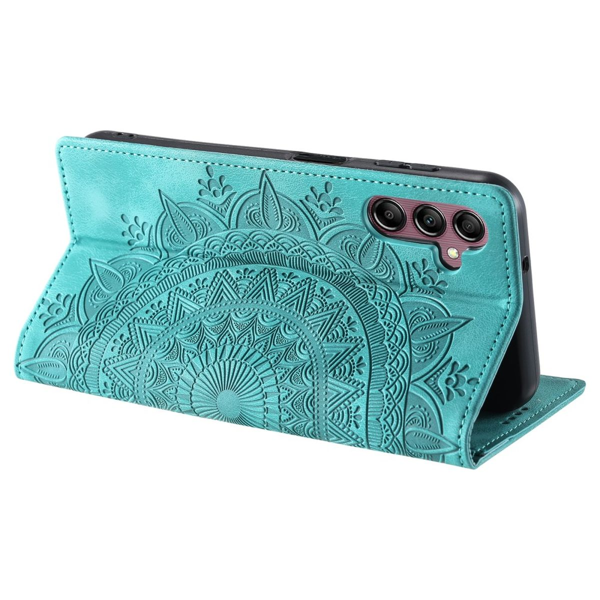 Eine türkisfarbene Handyhülle mit Mandala-Design, geöffnet, um ein Telefon zu zeigen. Das Gehäuse befindet sich auf einer weißen Oberfläche.