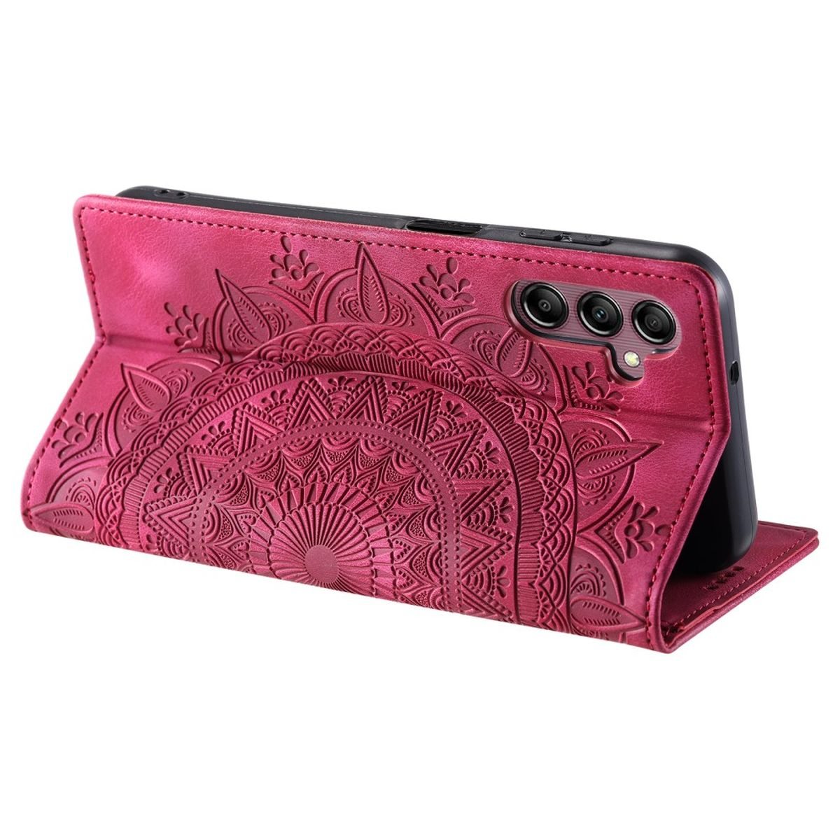 Rosa Handyhülle mit Mandala-Design, geöffnet, um ein Handy zu zeigen.