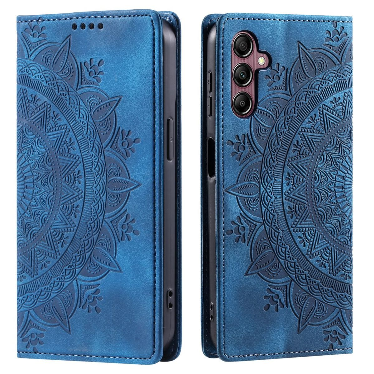 Blaue Handyhülle, links geschlossen, rechts offen, mit Mandala-Design.