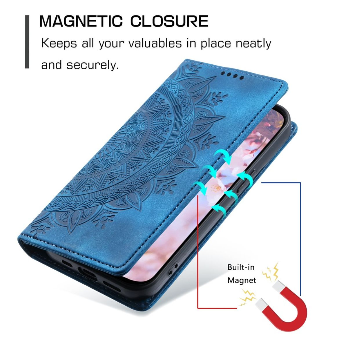 Blaue Handyhülle mit Mandala-Design, geöffnet über einem Telefonbildschirm.