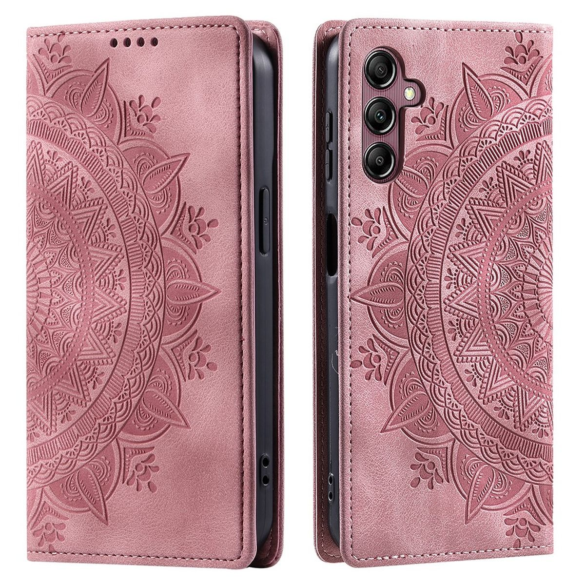 Rosa Handyhülle mit detailliertem Mandala-Design, offen, um das Handy zu zeigen.