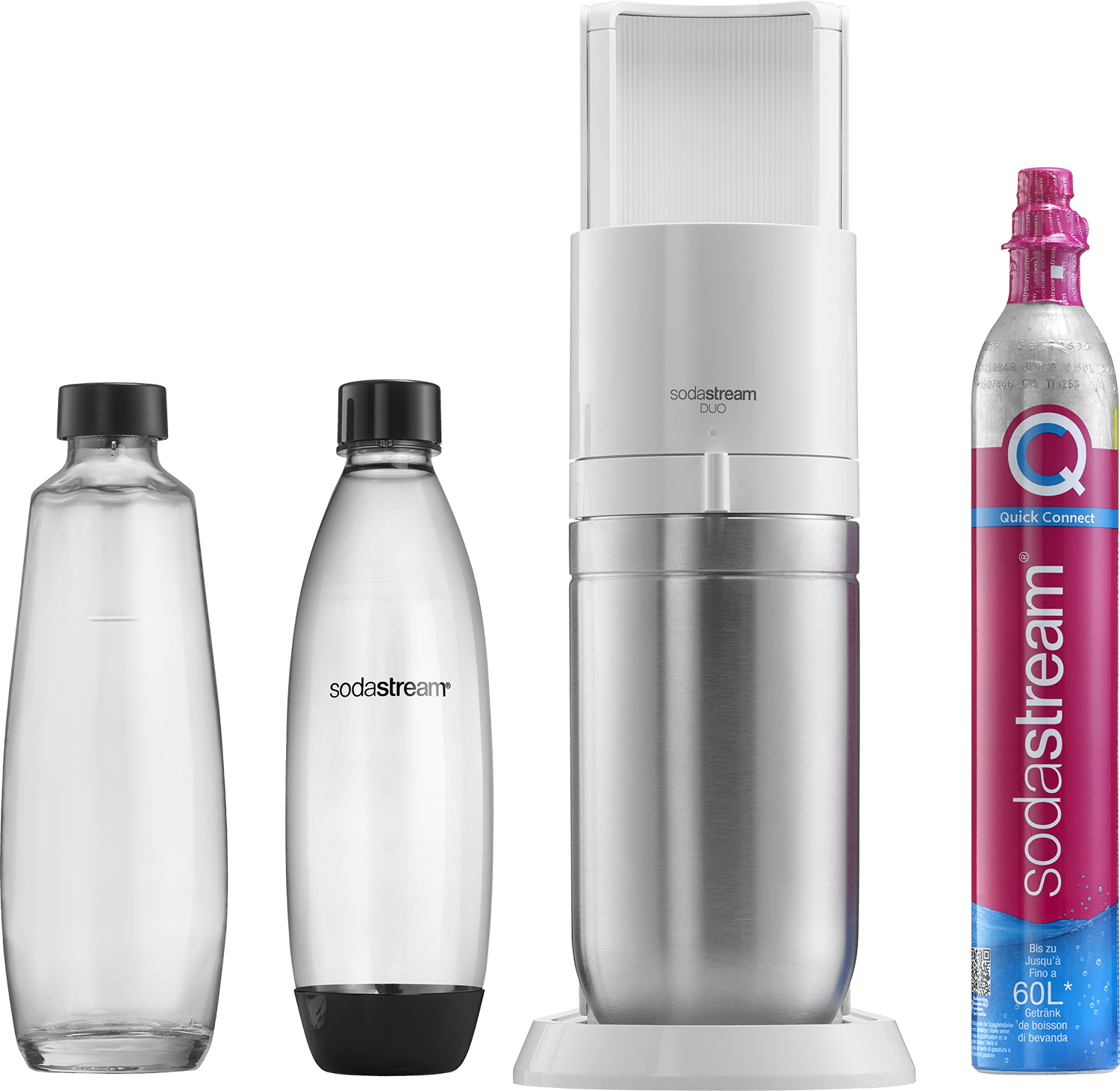 Maszyna do sody z butelkami i butlą z gazem.