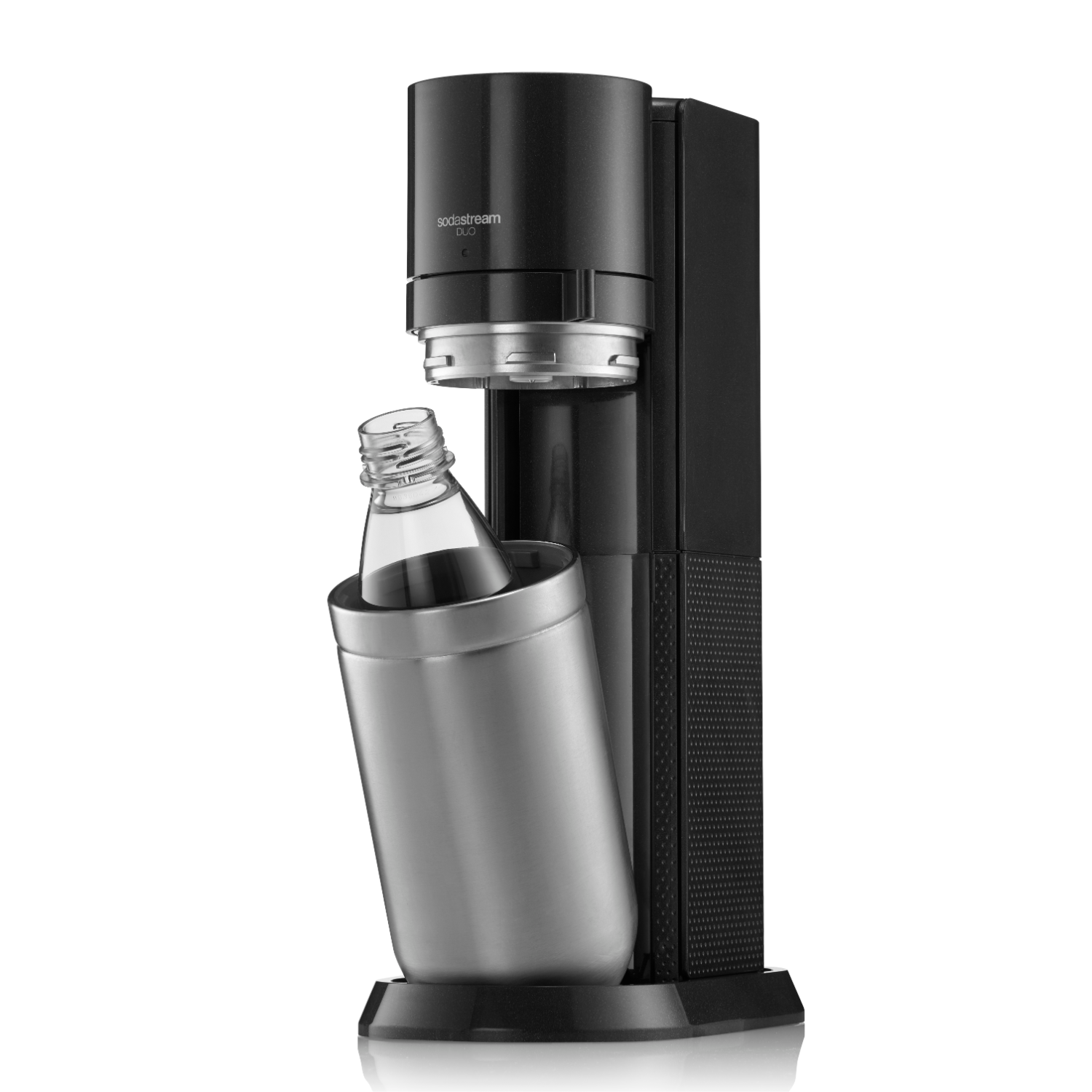 Czarny SodaStream DUO ze szklaną butelką w środku, uchwyt ze stali nierdzewnej.
