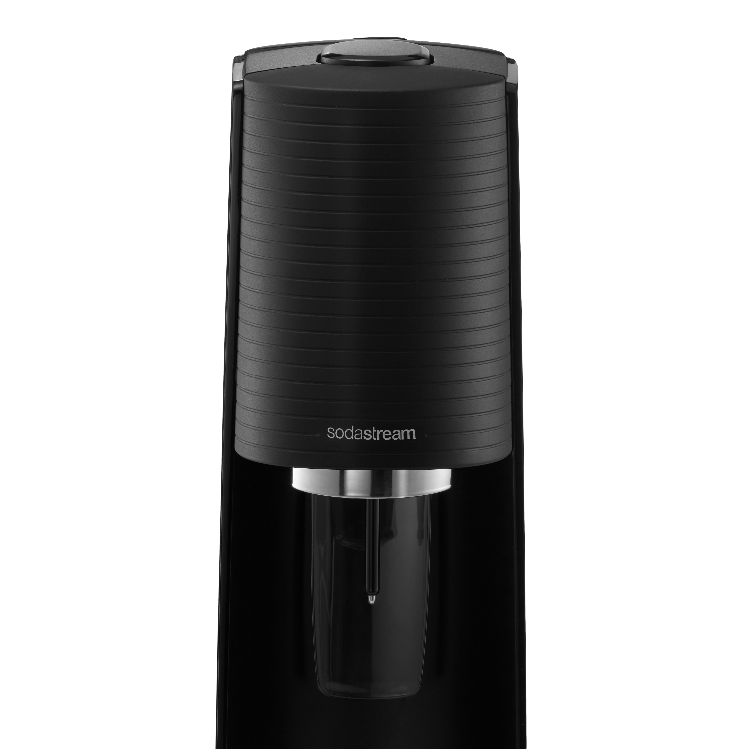 Czarna maszyna do robienia sody. Srebrny wylew i dołączony szklany pojemnik. Logo sodastream z przodu.