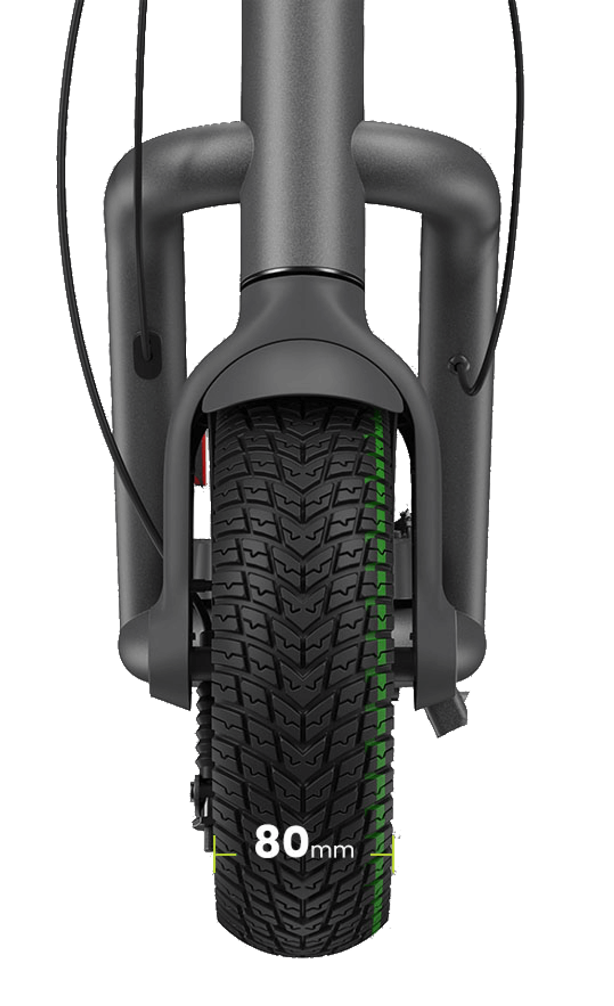 La rueda delantera de un scooter con una medición de 80 mm.