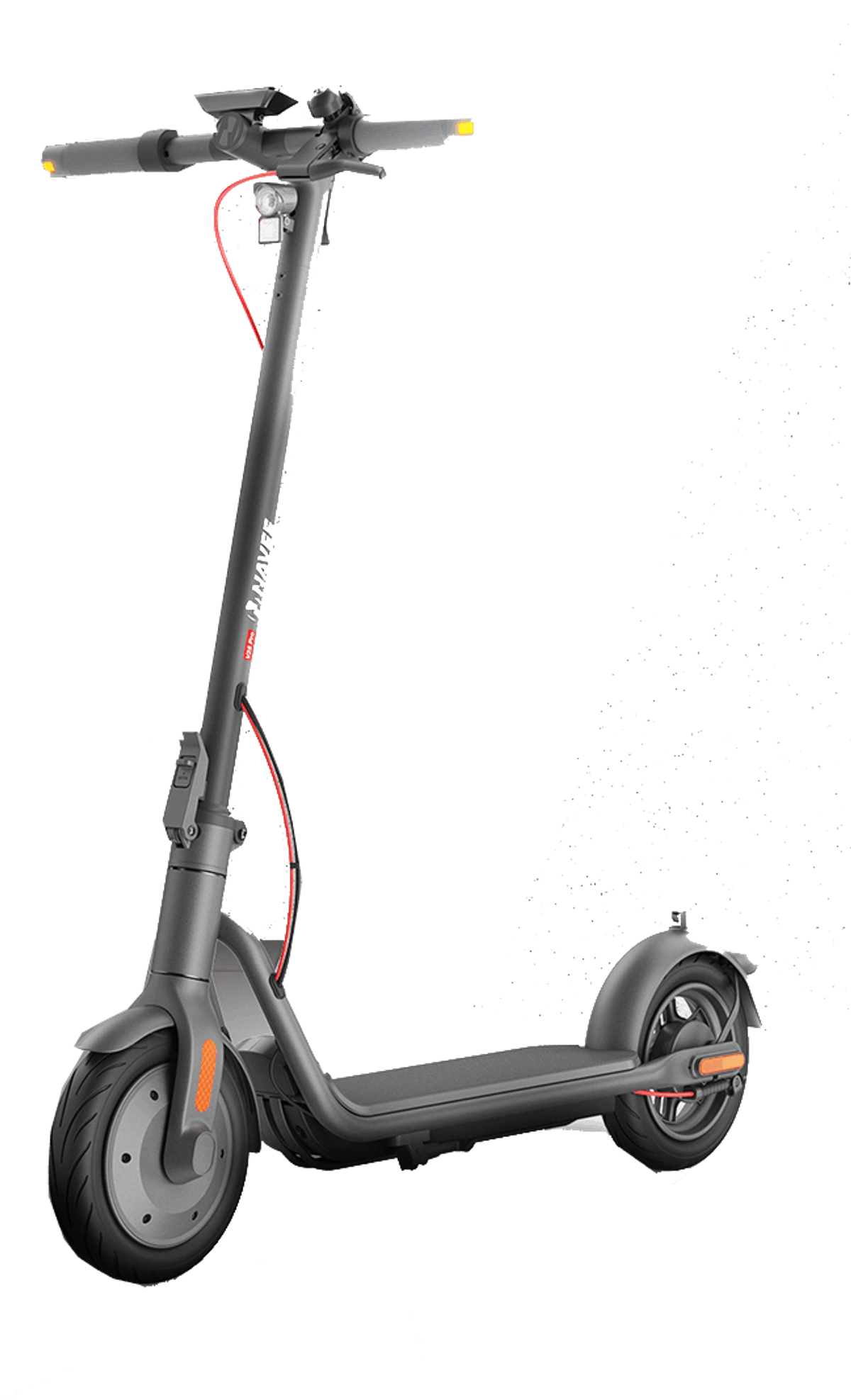 Black electric scooter with red accents, on a white background.