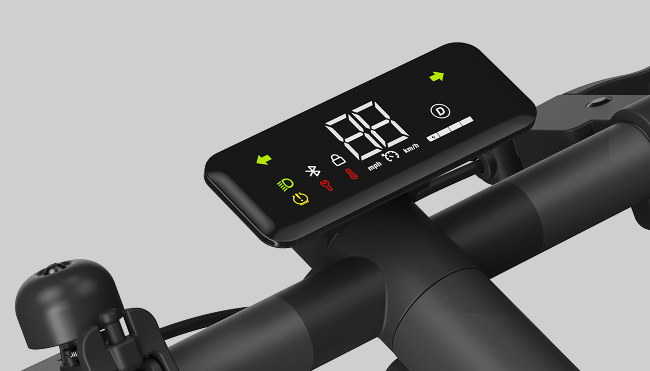 Manillar de scooter negro con una pantalla digital que muestra la velocidad y otros iconos.