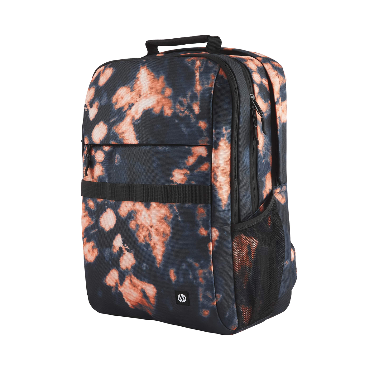 Zaino con motivo tie-dye, manico e cinghie neri. Logo HP visibile.