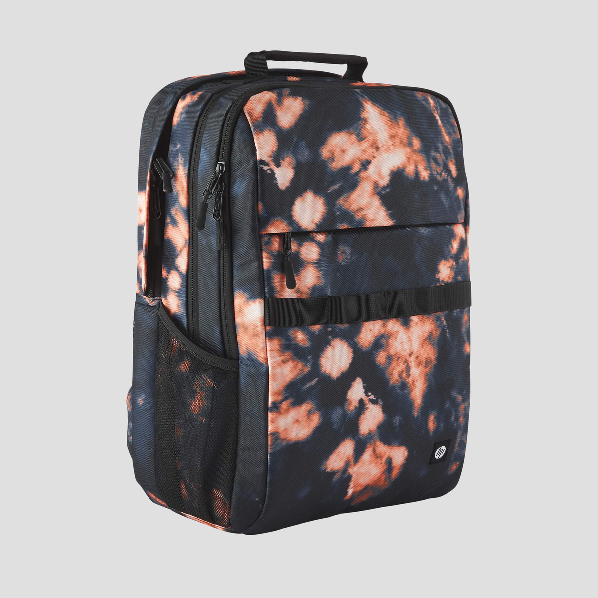 Zaino con motivo tie-dye nei colori blu e arancione, con tasche e manico.