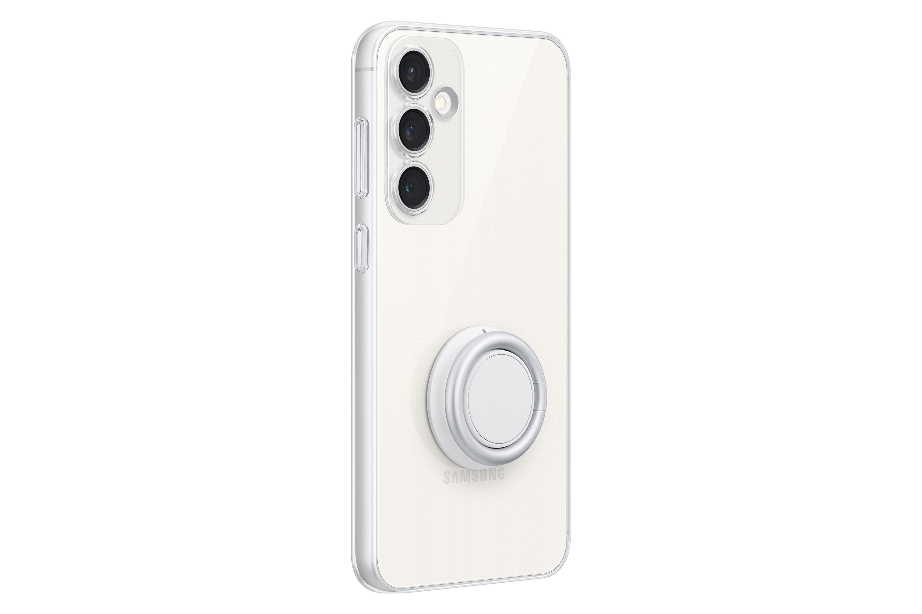 Een witte Samsung-telefoon met een doorzichtige hoes. Een cirkelvormige witte ring is aan de achterkant bevestigd.