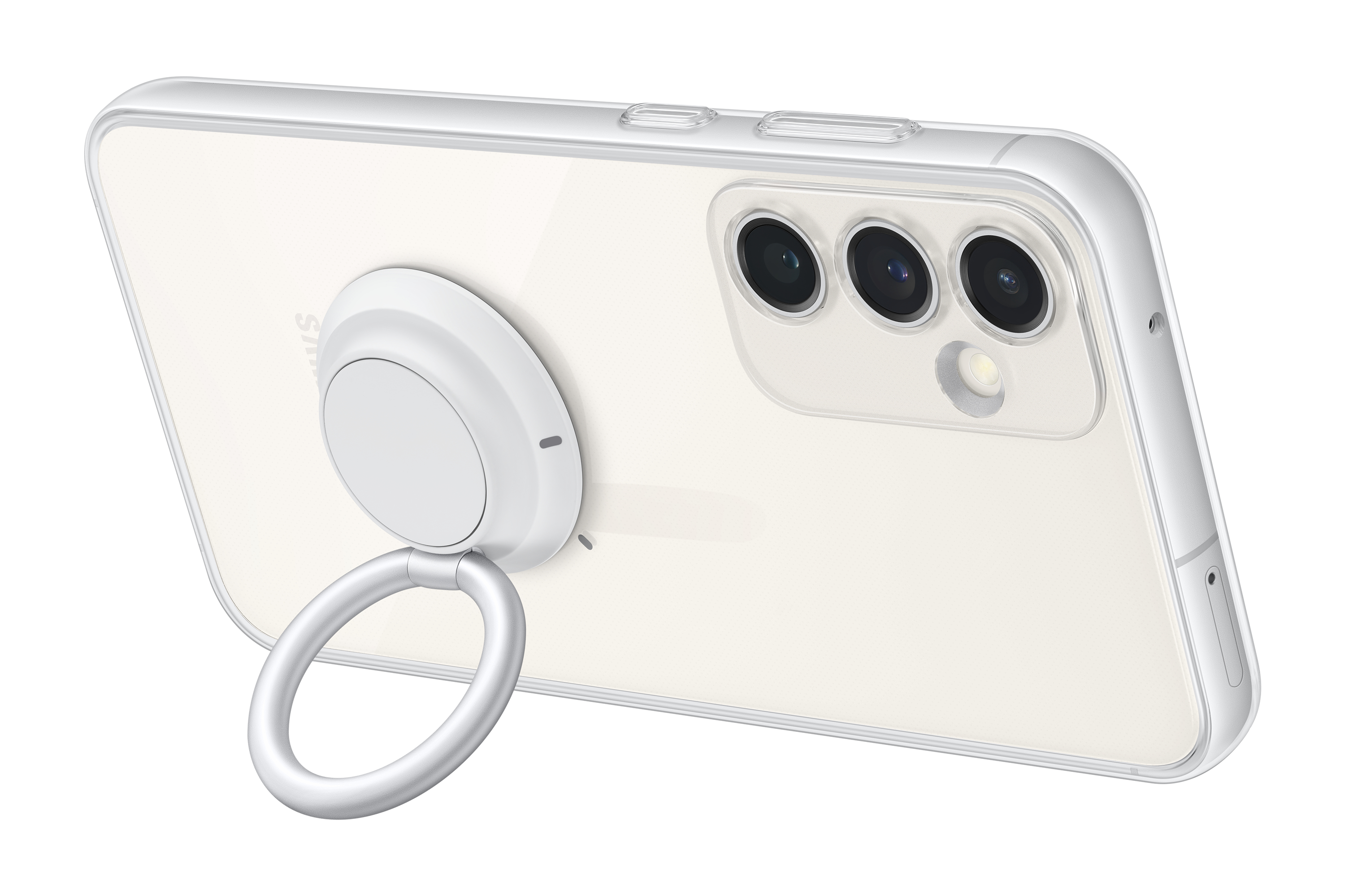 Smartphone met een transparante hoes en een witte ringhouder. De telefoon heeft een drievoudige camera.