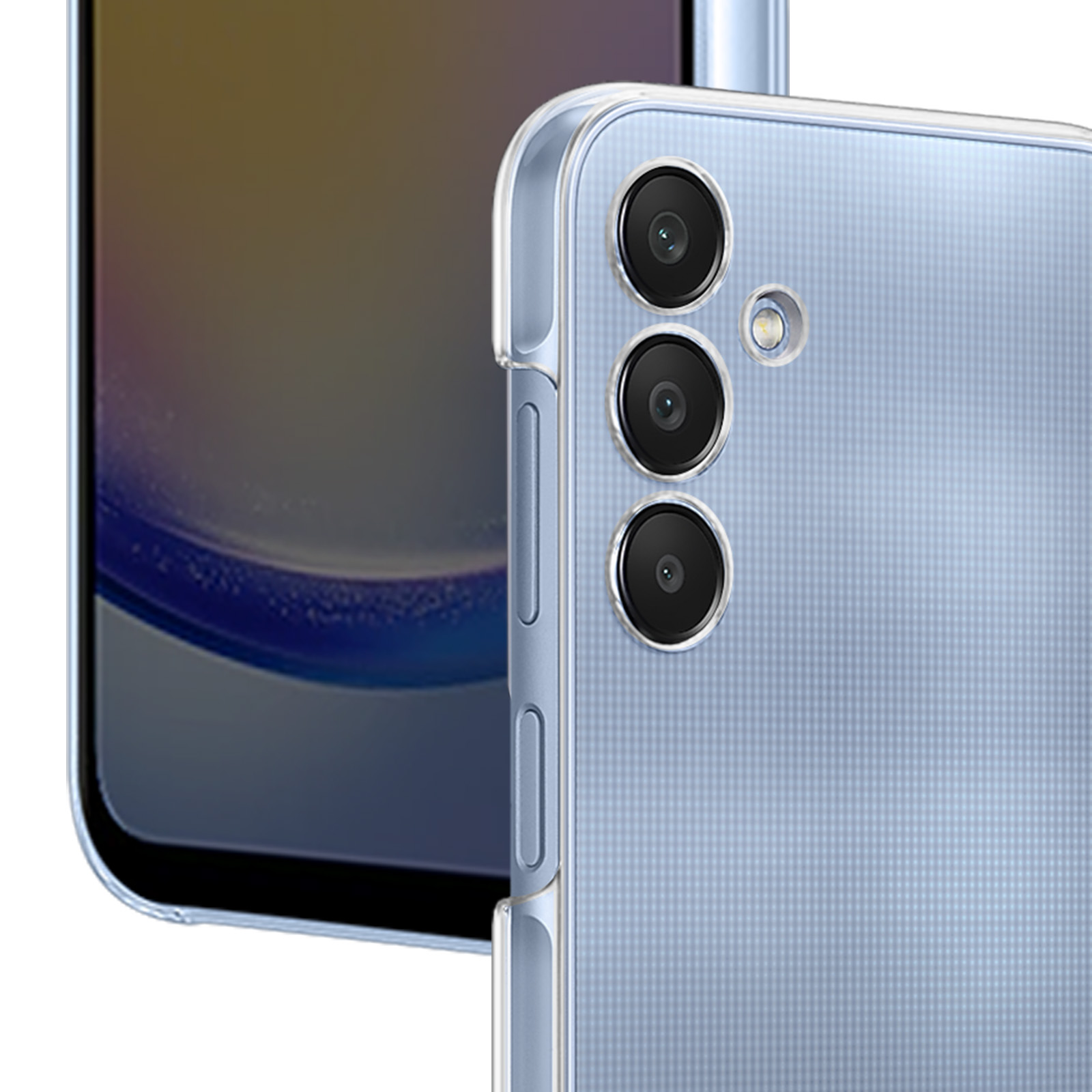Primo piano di un telefono, che mostra la tripla fotocamera e un retro blu, sfondo bianco.