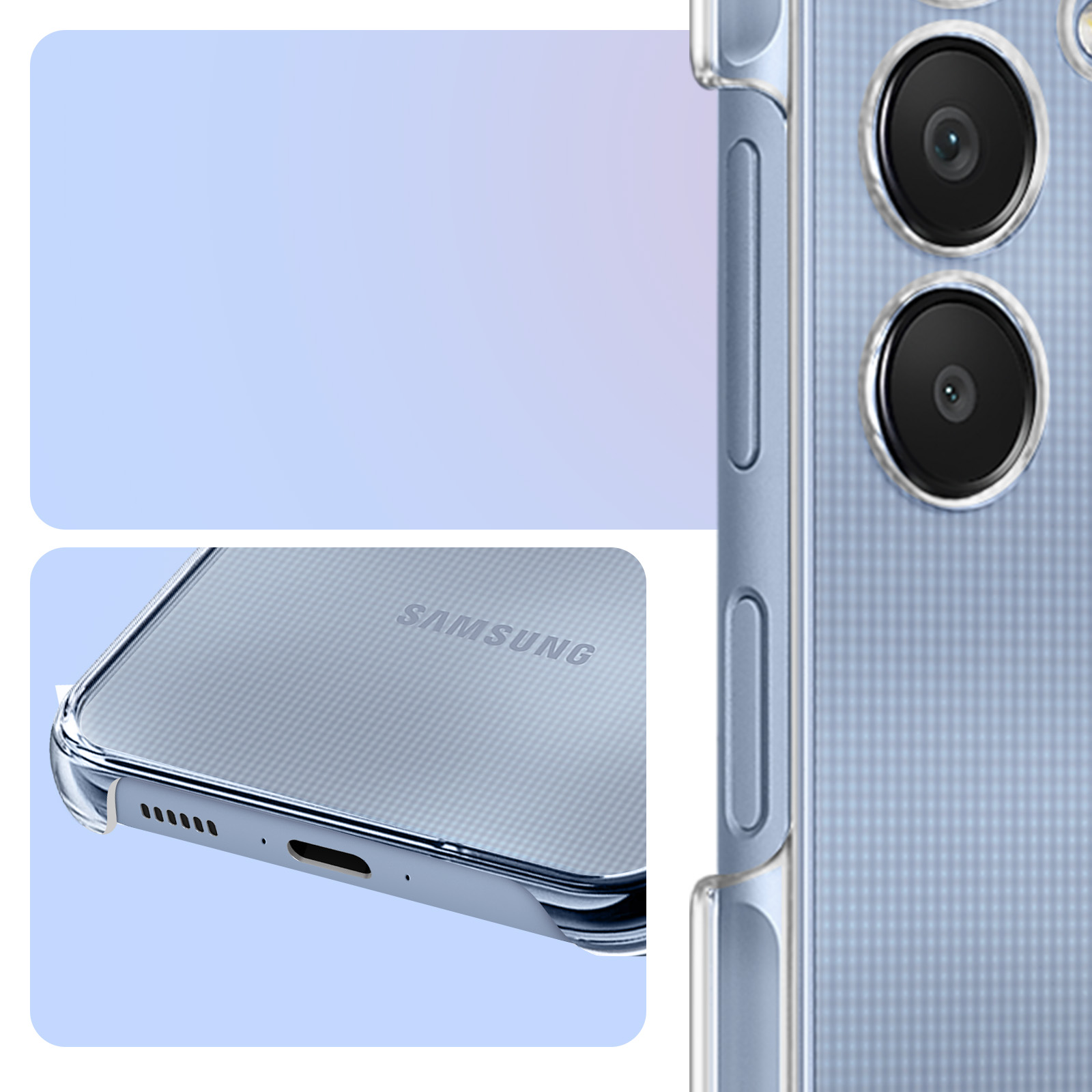 Primo piano di una custodia trasparente su un telefono blu. Dettagli della fotocamera e pulsanti.