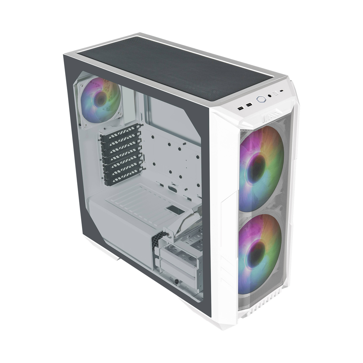 Un case per computer bianco con pannello laterale trasparente e ventole colorate.