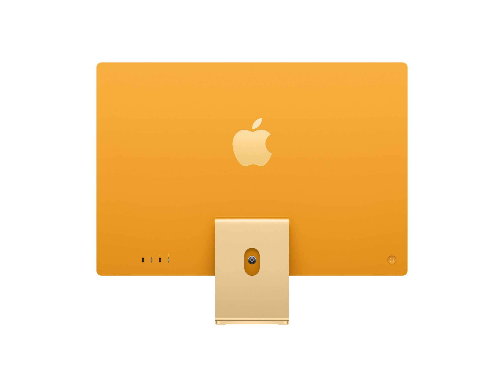 Tył żółtego komputera iMac z logo Apple, podstawką i portami.