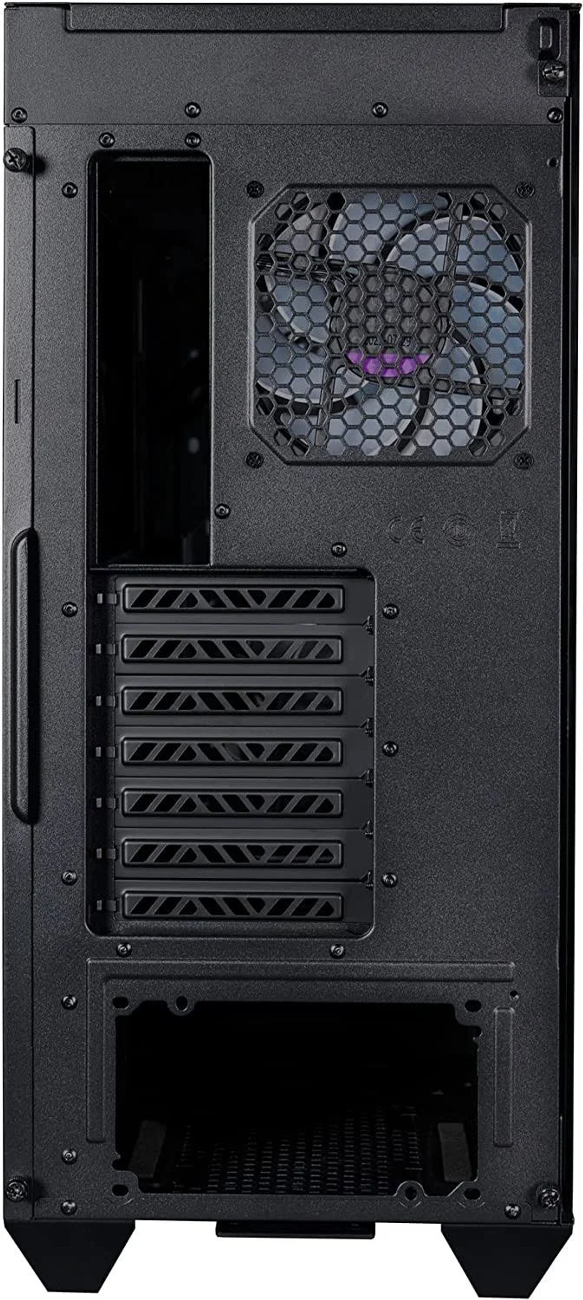 Retro del case del PC nero con ventola, prese d'aria e fori per viti. È un telaio per computer.