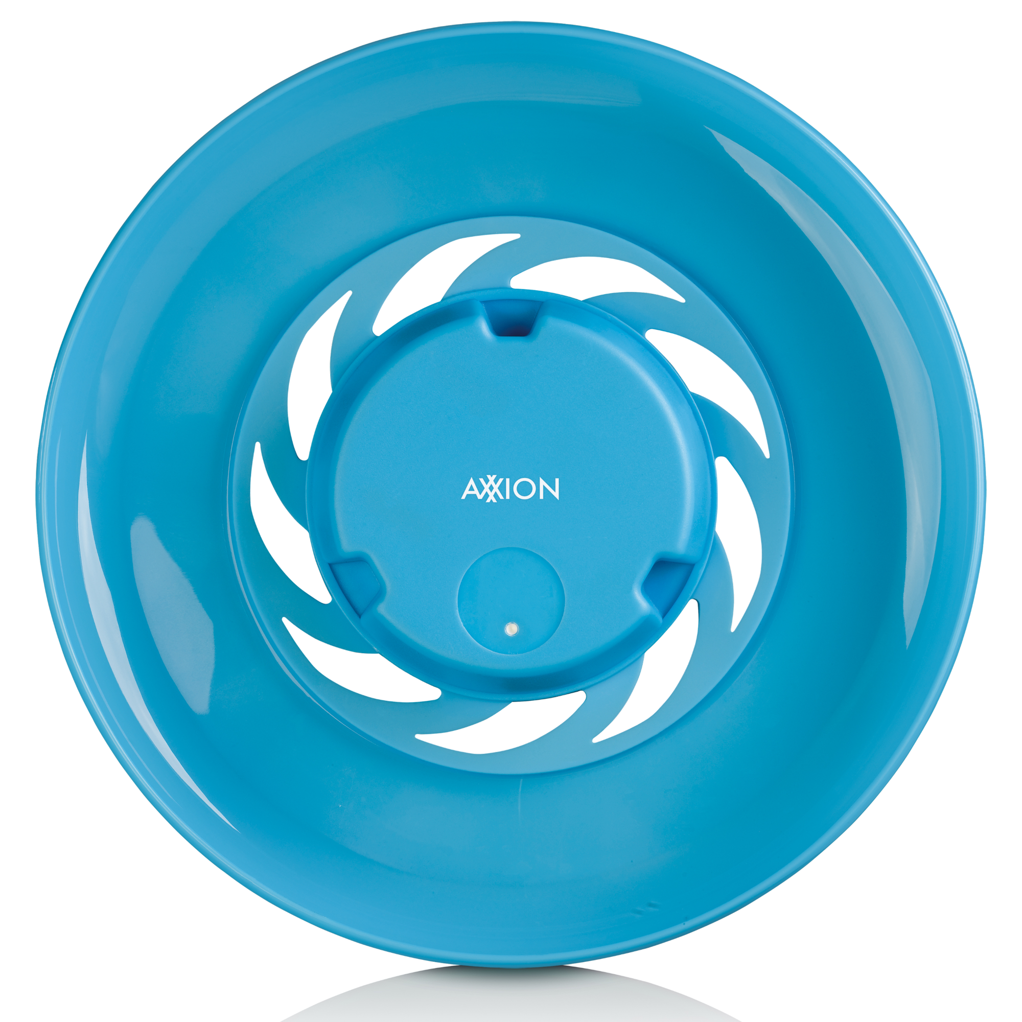 Blauwe, ronde Axion-luidspreker. Witte achtergrond.