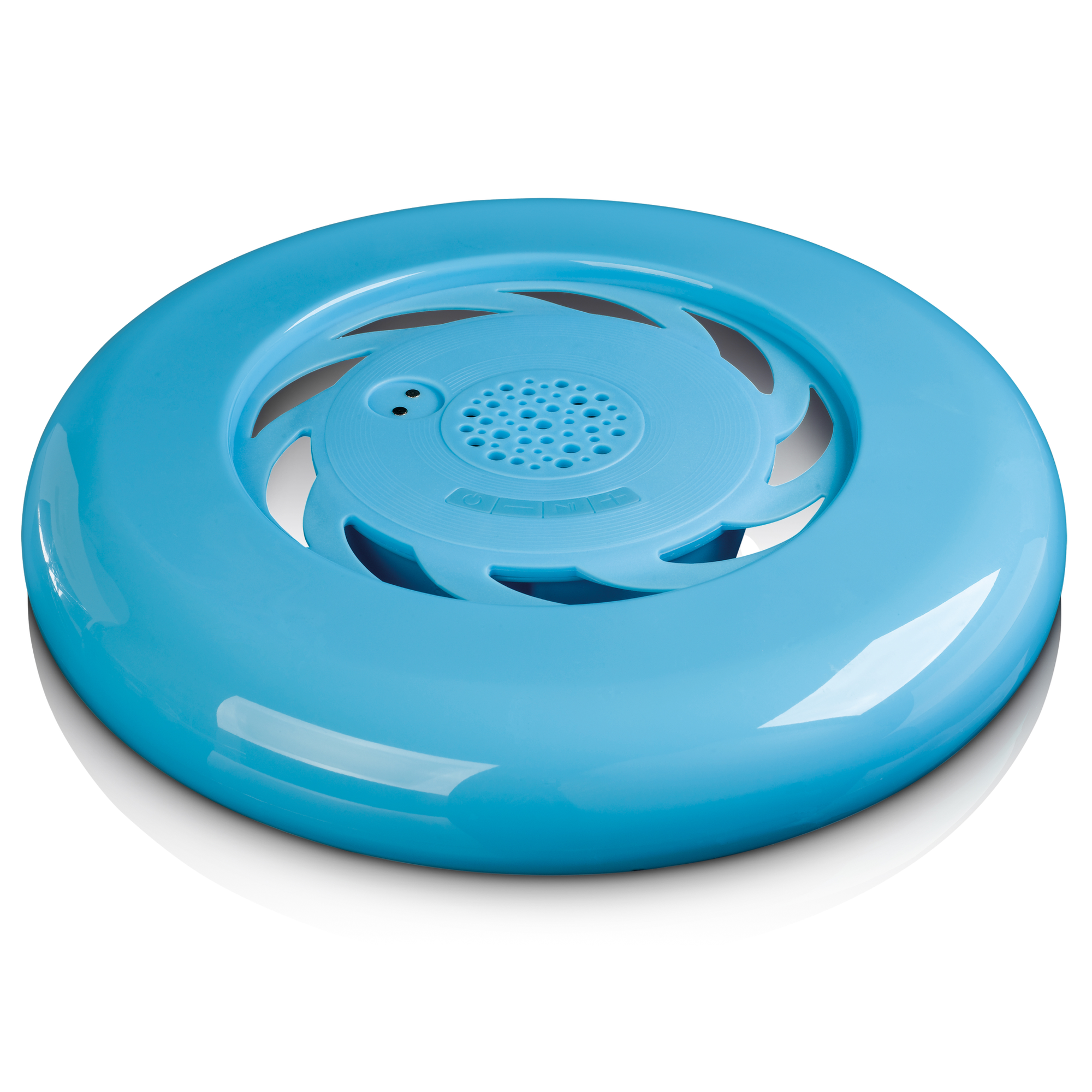 Lichtblauwe frisbee met een ontwerp in het midden en witte achtergrond.
