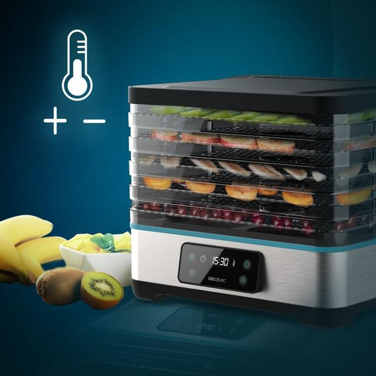 Essiccatore con vassoi di cibo. Ci sono banane, kiwi e altri alimenti. Un display digitale mostra la temperatura.