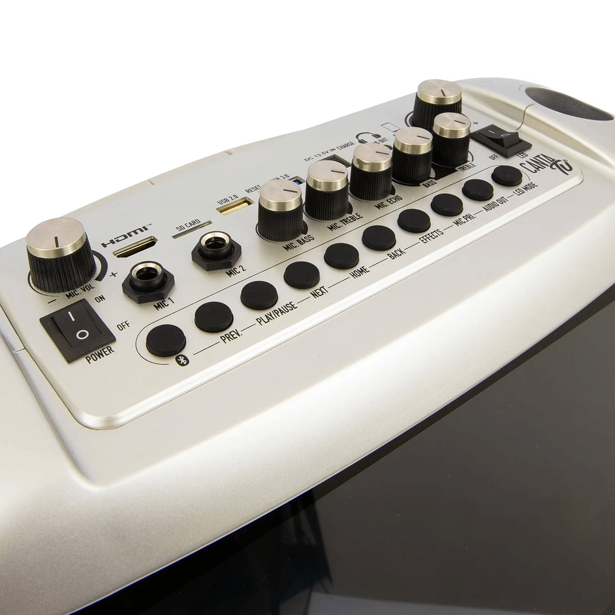 Mesa de mezclas de audio plateada con perillas y botones: HDMI, USB, SD, entradas de micro y encendido.