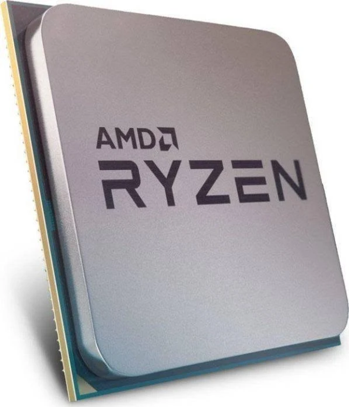 Procesador AMD Ryzen plateado con el logotipo Ryzen en la parte superior. El lateral tiene marcas verdes y doradas.